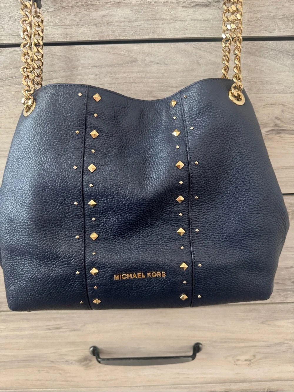 Michael Kors Navy Pebbled Leather Shoulder Bag with Gold Chain Handles and Studs